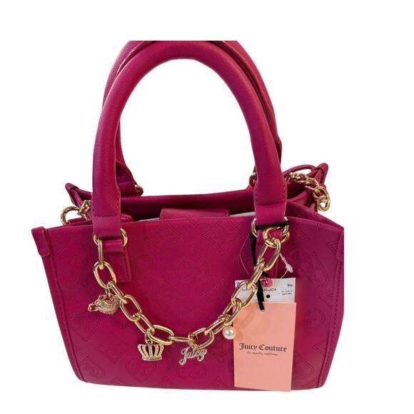 Juicy Couture Pink Mini Satchel Purse Charm Bag Gold Chain Crown Heart JC Logo - Picture 1 of 7
